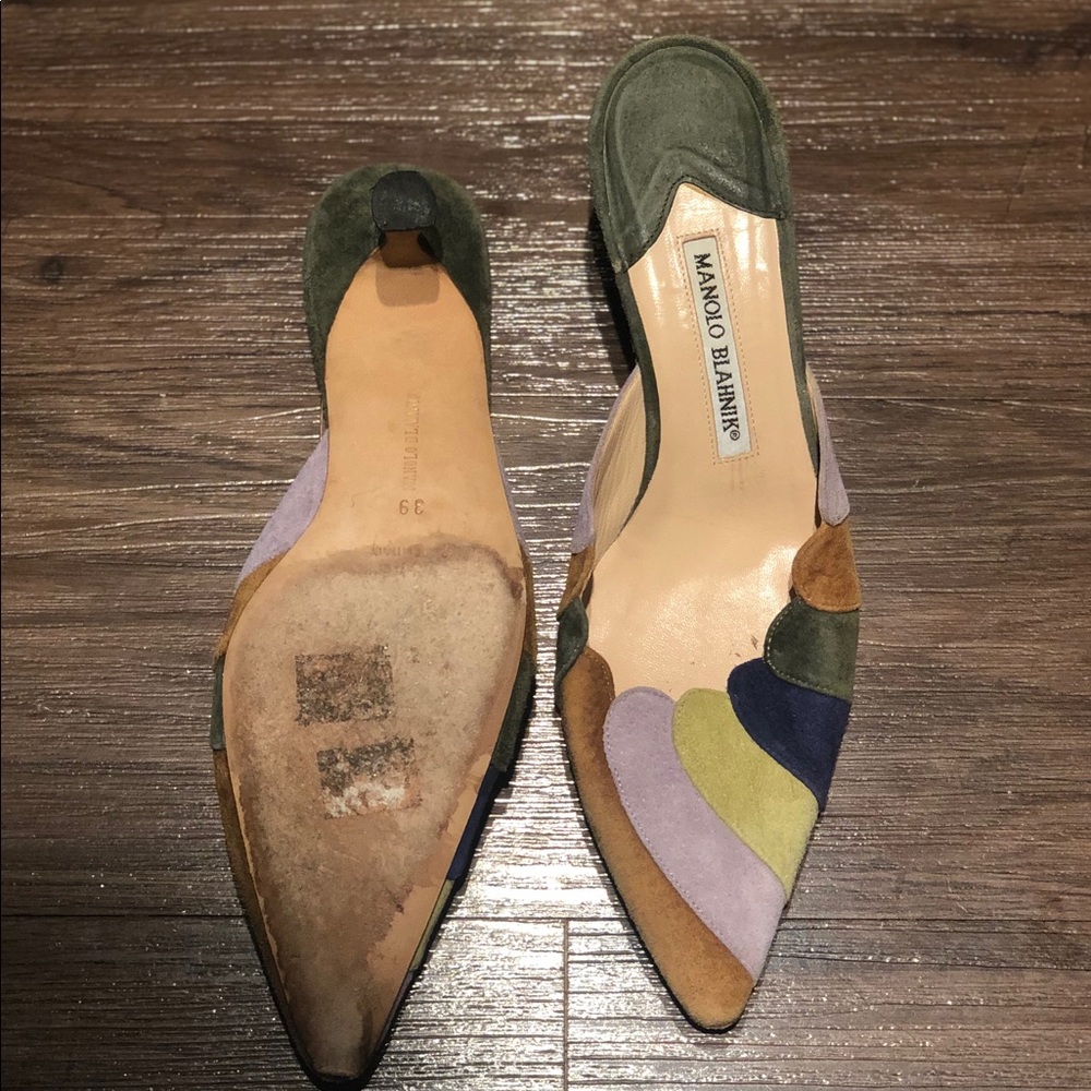 Manolo Blahnik Multicolor Suede Kitten Heel Mules - Picture 4 of 4